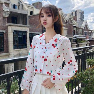 Cherry Print Collared Blouse Shirt - White - One Size