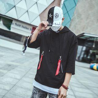 3/4-sleeve Lace-up Hooded T-shirt