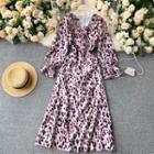 Long-sleeve Printed Midi A-line Dress Pink - One Size
