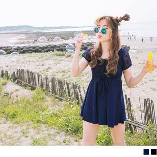 Lace Short Sleeve Knot Waist Swimdress