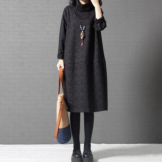 Mock Neck Print Midi Pullover Dress