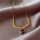 Square Faux Gemstone Pendant Stainless Steel Necklace Dark Blue & Gold - One Size