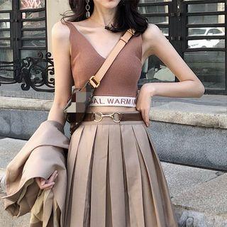 V-neck Cropped Knitted Camisole Top Brown - One Size