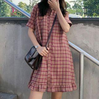 Plaid Short-sleeve Ruffle Hem Mini Shirtdress