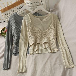 Set: Rib-knit Top + Eyelet Crop Vest