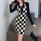 Mock Two-piece Checker Print Knit Dress