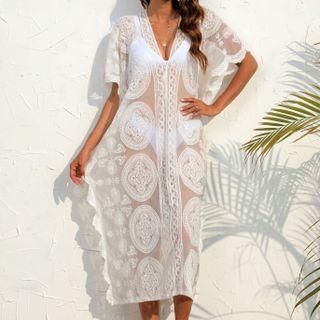 Short-sleeve Lace Cover-up Dress White - One Size