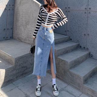 High-waist A-line Denim Slit-hem Skirt