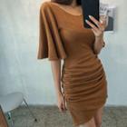 Flutter-sleeve Ruched Bodycon Dress