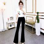 Flower Embroidered Short-sleeve Blouse / Cropped Boot-cut Pants