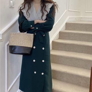 Collared Ruffle Trim Plain Double Breasted Lace-up Midi Dress