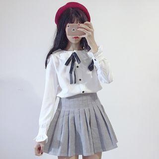 Long-sleeve Tie-neck Ruffle Blouse