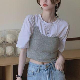 Short-sleeve Mock Two-piece Cropped T-shirt White & Gray - One Size