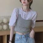 Short-sleeve Mock Two-piece Cropped T-shirt White & Gray - One Size