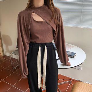 Set: Long-sleeve Plain Asymmetrical Cropped Top + Plain Tank Top