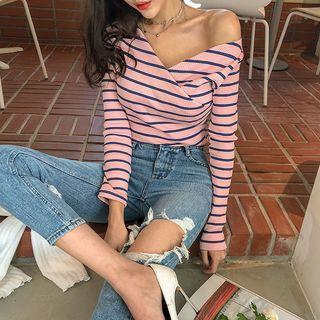 Striped Ribbed Wrap Top
