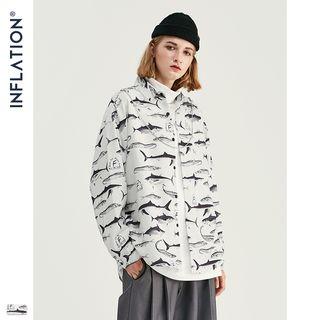 Unisex Fish-print Loose-fit Shirt