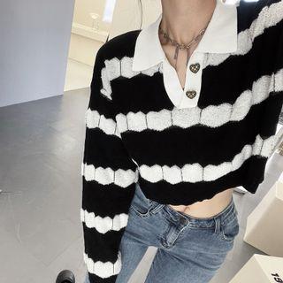 Two Tone Knit Polo Shirt Black & White - One Size