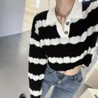 Two Tone Knit Polo Shirt Black & White - One Size