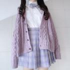 Cable Knit Cardigan / Plain Blouse / Plaid Pleated Skirt