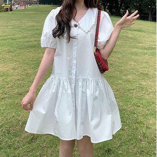 Puff-sleeve Wide-collar A-line Shirtdress