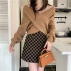 Off-shoulder Sweater / Checkerboard Mini A-line Skirt