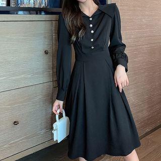 Long-sleeve Buttoned V-neck A-line Midi Dress