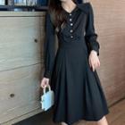 Long-sleeve Buttoned V-neck A-line Midi Dress