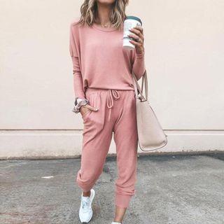 Set: Long-sleeve Plain T-shirt + Drawstring Harem Pants