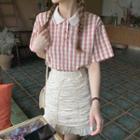 Short-sleeve Gingham Blouse / Ruffle Hem Mini Pencil Skirt