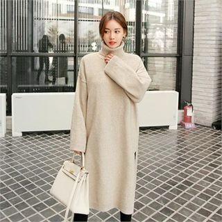 Turtle-neck Slit-side Long Sweater Dress