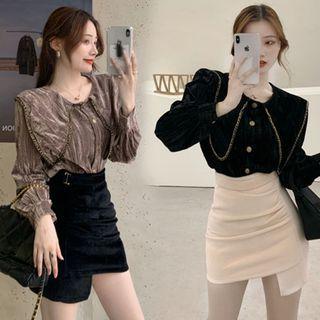 Long-sleeve Button-up Blouse / Asymmetrical Mini Pencil Skirt