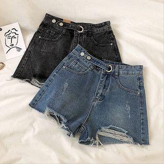 Distressed Asymmetric High-waist Frayed Shorts