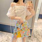 Off-shoulder Drawstring Blouse / Printed Mini Skirt