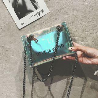 Set: Chain Strap Lettering Crossbody Bag + Zip Pouch