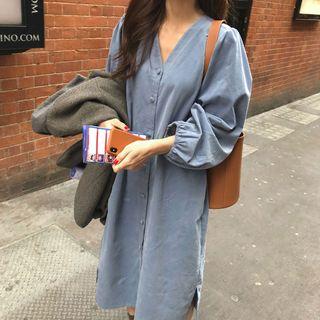 Long-sleeve Velvet Midi A-line Dress Blue - One Size