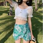 Set: Bell-sleeve Ruffled Swim Top + Floral Print Swim Skirt