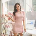 Choker V-neck Elbow-sleeve Lace Bodycon Dress