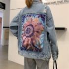 Floral Print Embellished Distressed Washed Denim Jacket