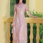 Mock-neck Two Tone Lace Button-up Split Dress