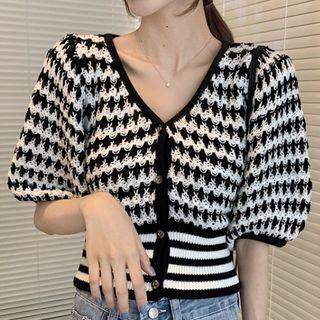 Balloon-sleeve Patterned Cardigan As Shown In Figure - One Size