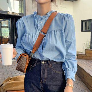 Ruffled Ruched Blouse Blue - One Size