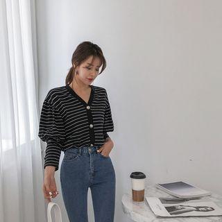 Puff-sleeve Buttoned Stripe Cardigan