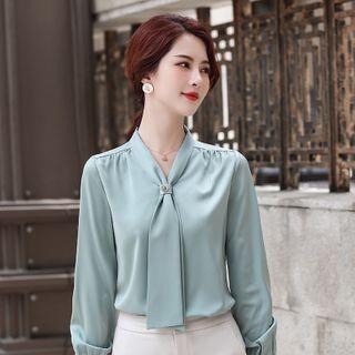 Long-sleeve Tie-neck Blouse / Dress Pants / Mini Fitted Skirt
