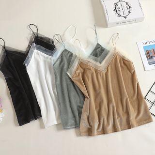 Spaghetti Strap Mesh-trim Corduroy Top