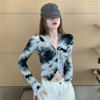 Long-sleeve Tie-dye Button-up Knit Crop Top