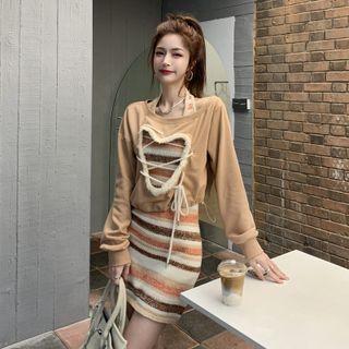 Halter Striped Sheath Dress / Cut Out Sweatshirt