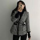 Single-breasted Houndstooth Cardigan With Belt