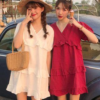 Short-sleeve V-neck Ruffle Mini Dress