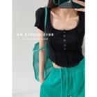 Details U-neck Ruffle-trim Crop Henley